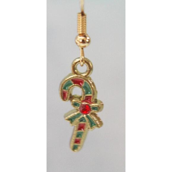 Small Candy Cane Green Red and Gold Earrings E124 - Picture 2 of 4